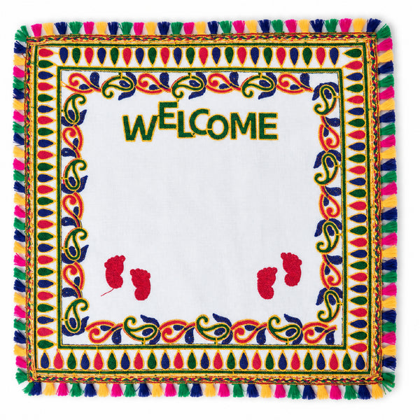 Baby Kanku Pagla Welcome Rumal | Newborn Baby Footprint Welcome Cloth with Multicolor Decorative Border & Tassels | Traditional Baby Welcome Ceremony Cloth for Griha Pravesh, Pooja & Naming Ceremony