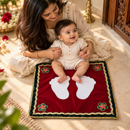 Baby Pagla Rumal Kanku Pagla Footprint Welcome Cloth | Red & Green Decorative Baby Footprint Mat with Golden Border | Newborn Baby Welcome Ceremony, Griha Pravesh, Pooja & Traditional Ritual