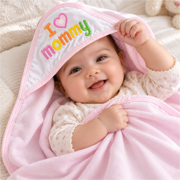 Baby Hooded Towel for Newborn | Soft Pink Baby Bath Towel with Hood & “I Love Mommy” Embroidery | Infant Bath Wrapper for Baby Bathing, Newborn Care & Gifting
