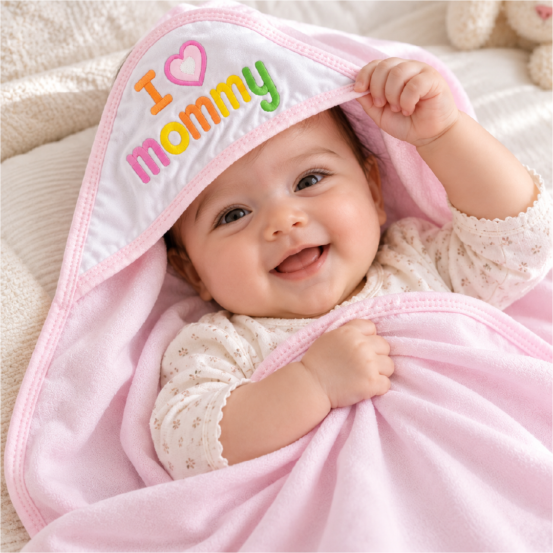 Baby Hooded Towel for Newborn | Soft Pink Baby Bath Towel with Hood & “I Love Mommy” Embroidery | Infant Bath Wrapper for Baby Bathing, Newborn Care & Gifting