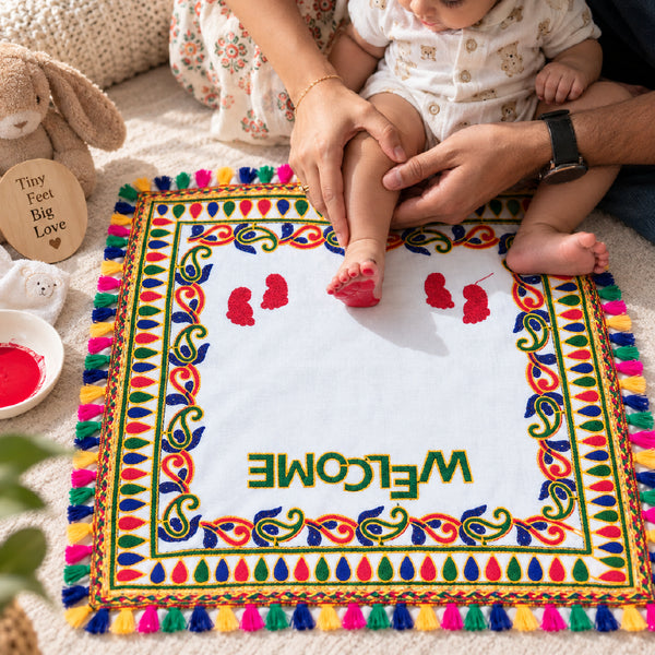 Baby Kanku Pagla Welcome Rumal | Newborn Baby Footprint Welcome Cloth with Multicolor Decorative Border & Tassels | Traditional Baby Welcome Ceremony Cloth for Griha Pravesh, Pooja & Naming Ceremony