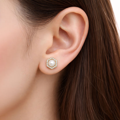 Shivora Hexagon Pearl Stud Earrings – Gold Tone