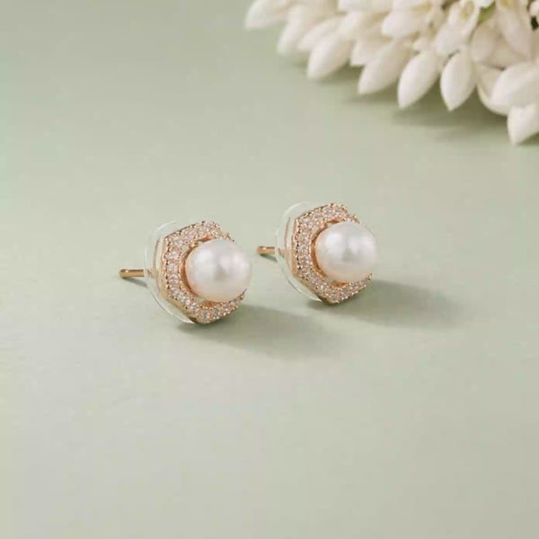 Shivora Hexagon Pearl Stud Earrings – Gold Tone
