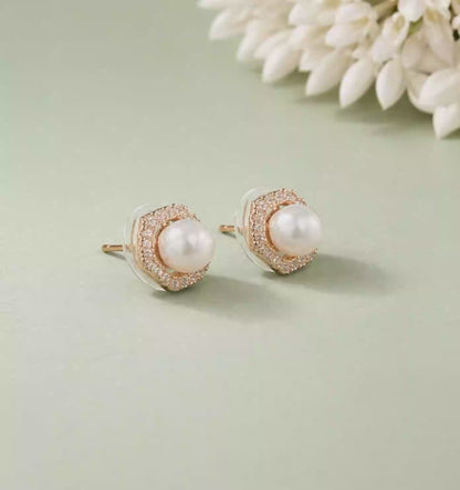Shivora Hexagon Pearl Stud Earrings – Gold Tone