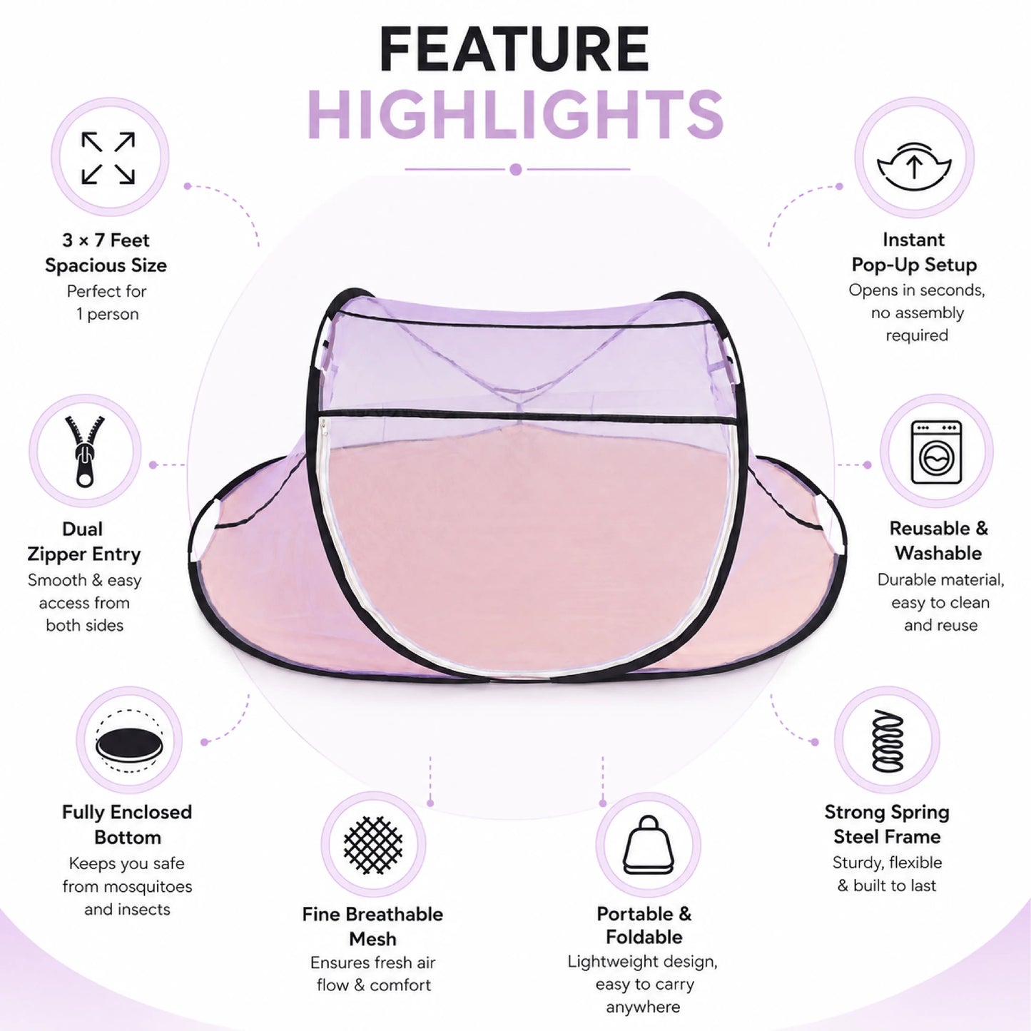 Foldable Single Bed Mosquito Net | Polyester 30GSM mesh - Purple