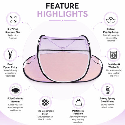 Foldable Single Bed Mosquito Net | Polyester 30GSM mesh - Purple