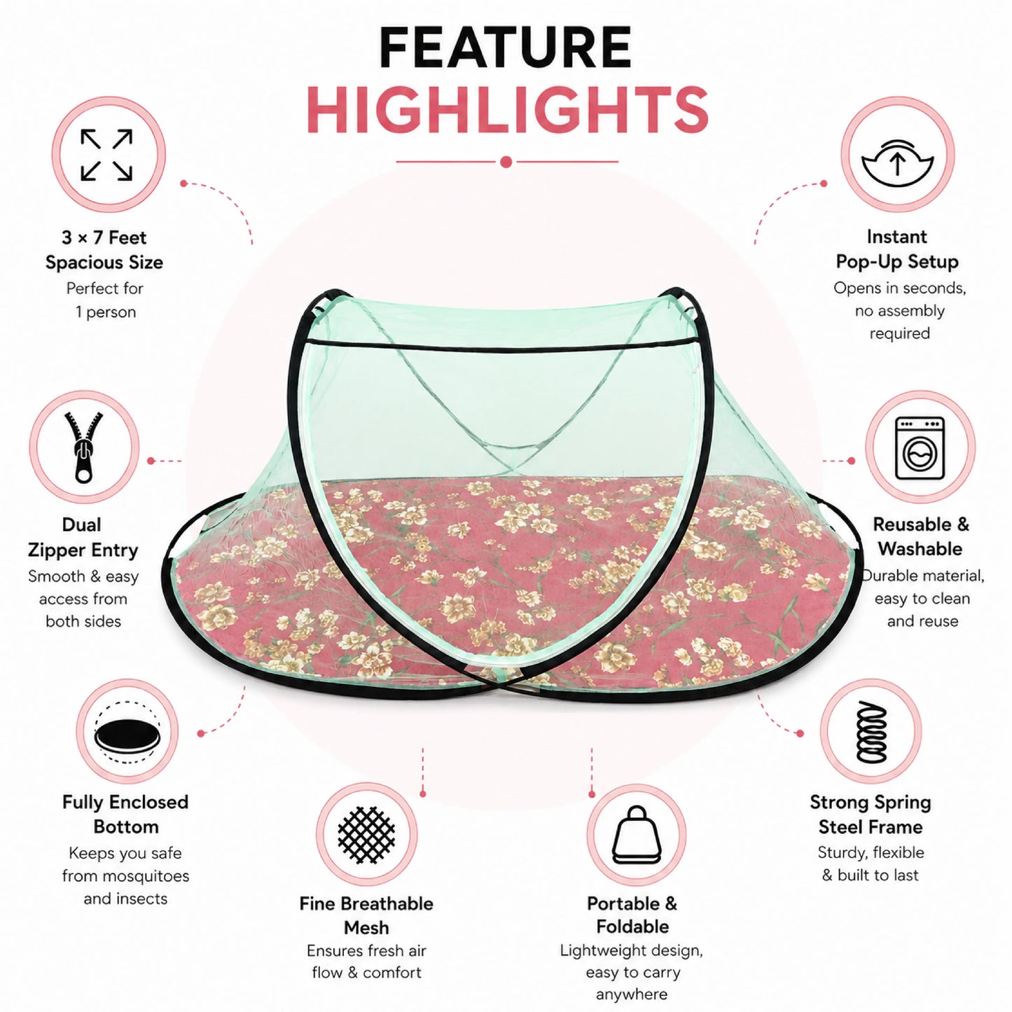Foldable Single Bed Mosquito Net | Polyester 30GSM mesh - Green