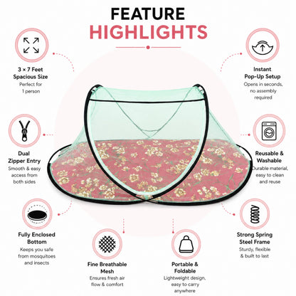 Foldable Single Bed Mosquito Net | Polyester 30GSM mesh - Green