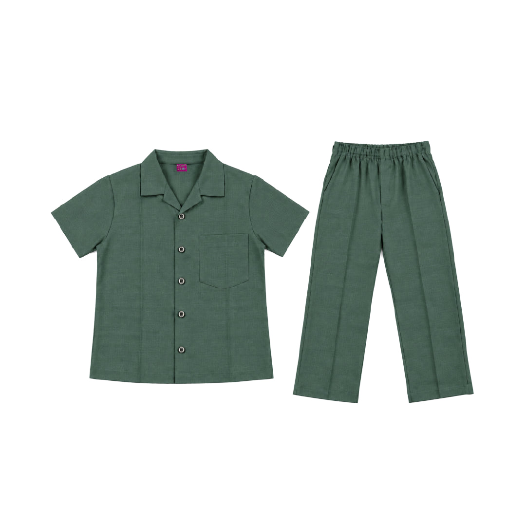 Kids Green Shirt & Pant Co-Ord Set | Half Sleeve Collared Button-Down Shirt with Chest Pocket & Matching Full-Length Trousers | Stylish Casual Outfit for Boys & Girls