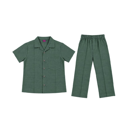 Kids Green Shirt & Pant Co-Ord Set | Half Sleeve Collared Button-Down Shirt with Chest Pocket & Matching Full-Length Trousers | Stylish Casual Outfit for Boys & Girls