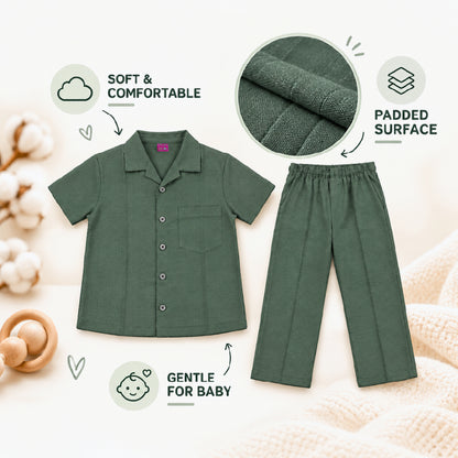 Kids Green Shirt & Pant Co-Ord Set | Half Sleeve Collared Button-Down Shirt with Chest Pocket & Matching Full-Length Trousers | Stylish Casual Outfit for Boys & Girls