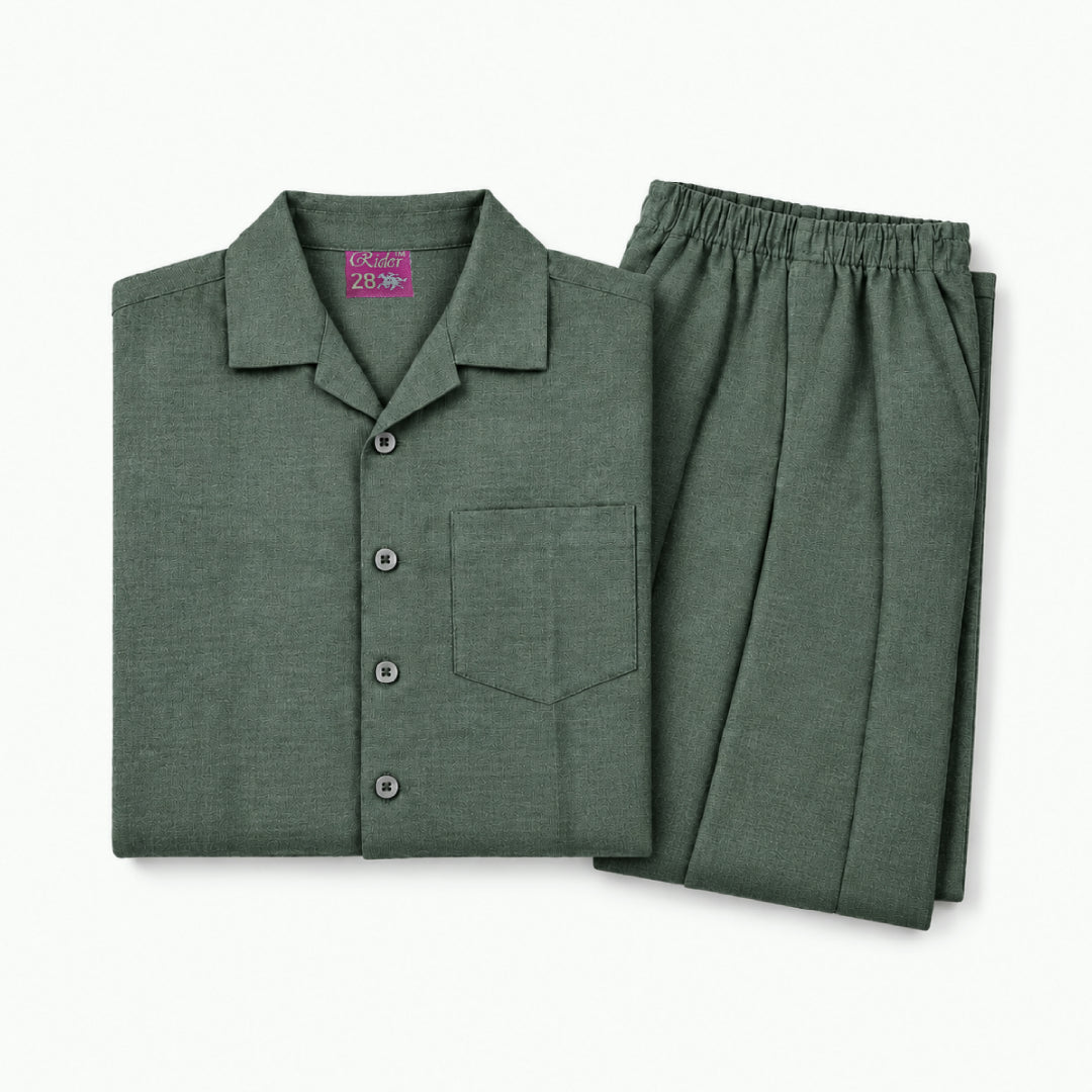 Kids Green Shirt & Pant Co-Ord Set | Half Sleeve Collared Button-Down Shirt with Chest Pocket & Matching Full-Length Trousers | Stylish Casual Outfit for Boys & Girls