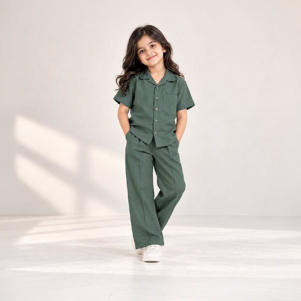 Kids Green Shirt & Pant Co-Ord Set | Half Sleeve Collared Button-Down Shirt with Chest Pocket & Matching Full-Length Trousers | Stylish Casual Outfit for Boys & Girls