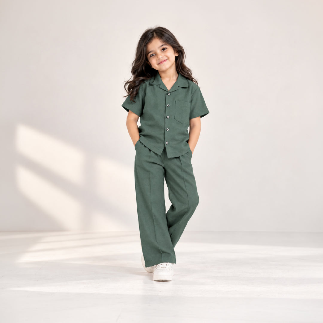 Kids Green Shirt & Pant Co-Ord Set | Half Sleeve Collared Button-Down Shirt with Chest Pocket & Matching Full-Length Trousers | Stylish Casual Outfit for Boys & Girls