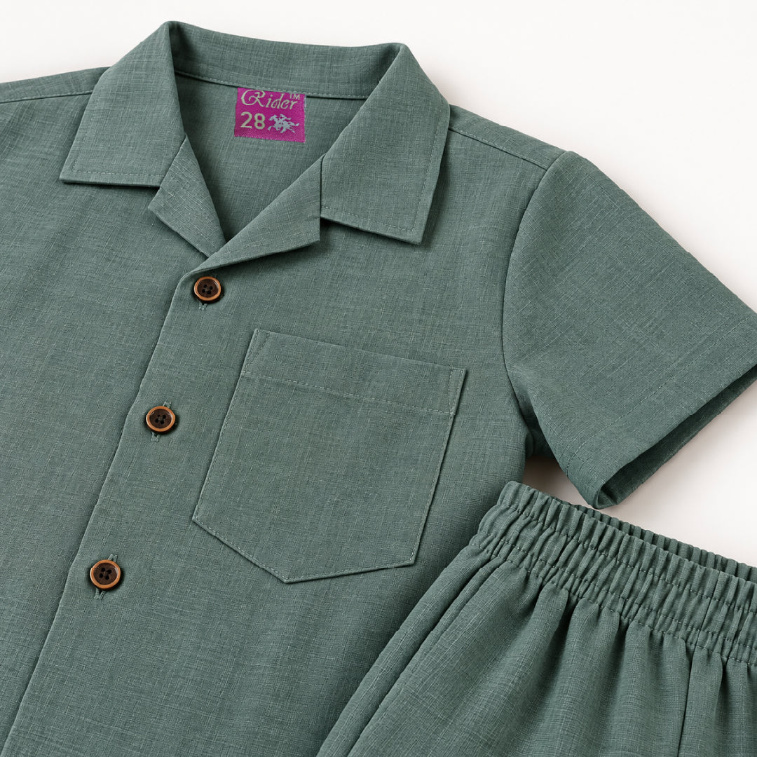 Kids Green Shirt & Pant Co-Ord Set | Half Sleeve Collared Button-Down Shirt with Chest Pocket & Matching Full-Length Trousers | Stylish Casual Outfit for Boys & Girls