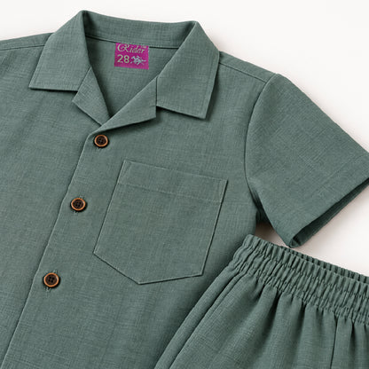 Kids Green Shirt & Pant Co-Ord Set | Half Sleeve Collared Button-Down Shirt with Chest Pocket & Matching Full-Length Trousers | Stylish Casual Outfit for Boys & Girls