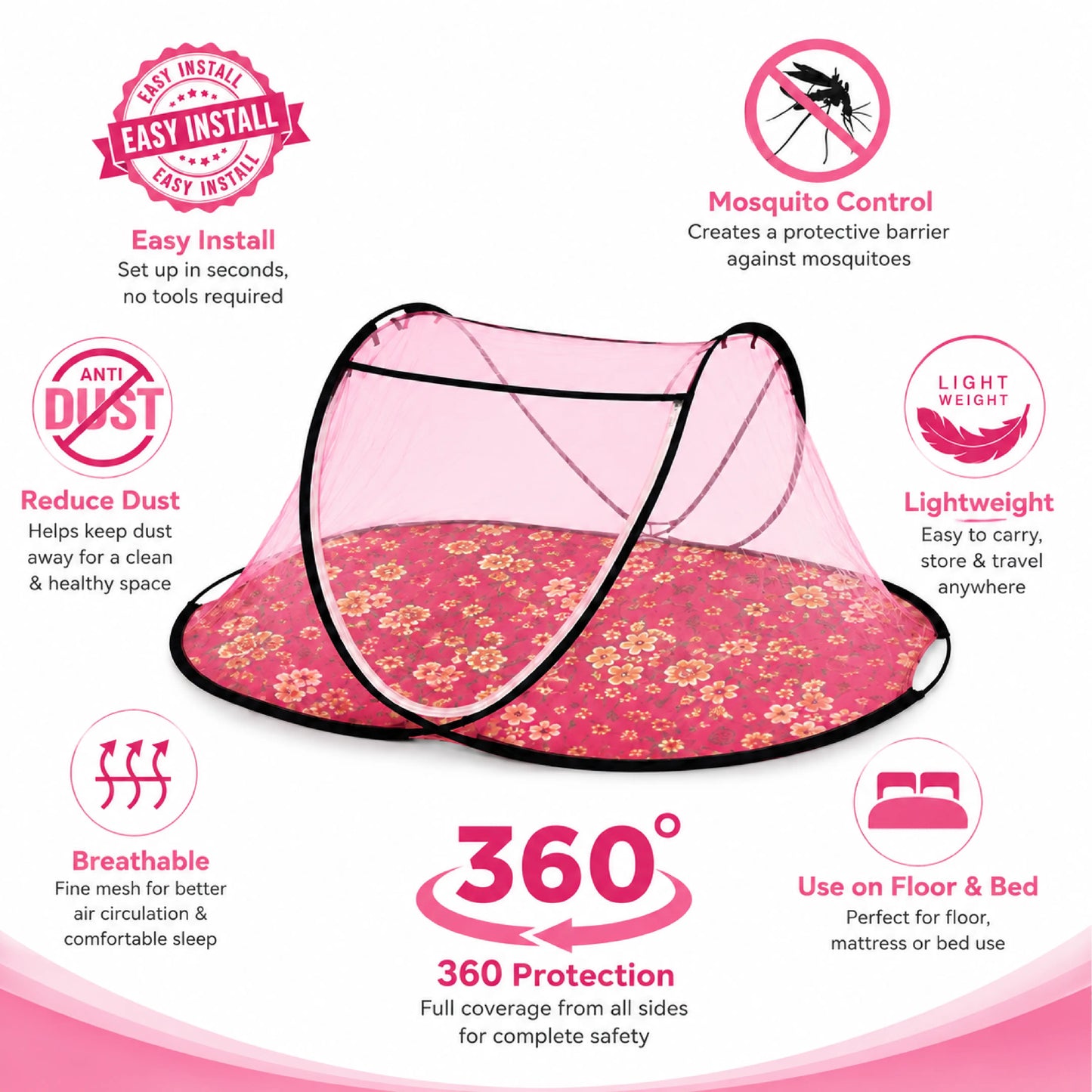 Foldable Single Bed Mosquito Net | Polyester 30GSM mesh - Light Pink