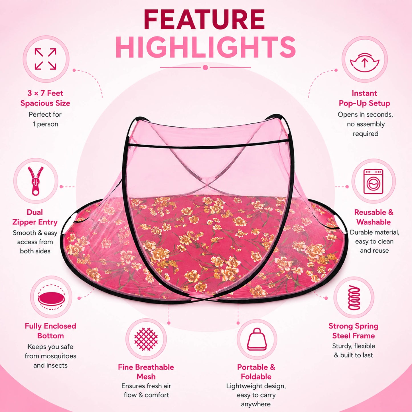 Foldable Single Bed Mosquito Net | Polyester 30GSM mesh - Light Pink