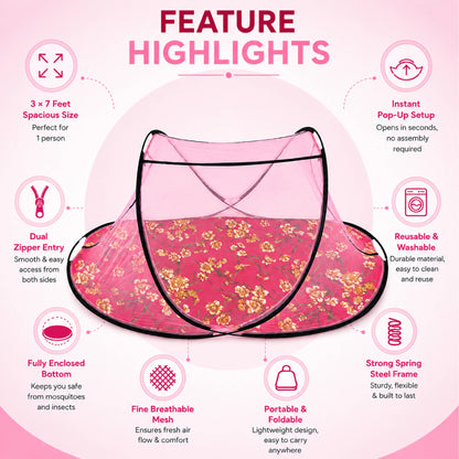 Foldable Single Bed Mosquito Net | Polyester 30GSM mesh - Light Pink
