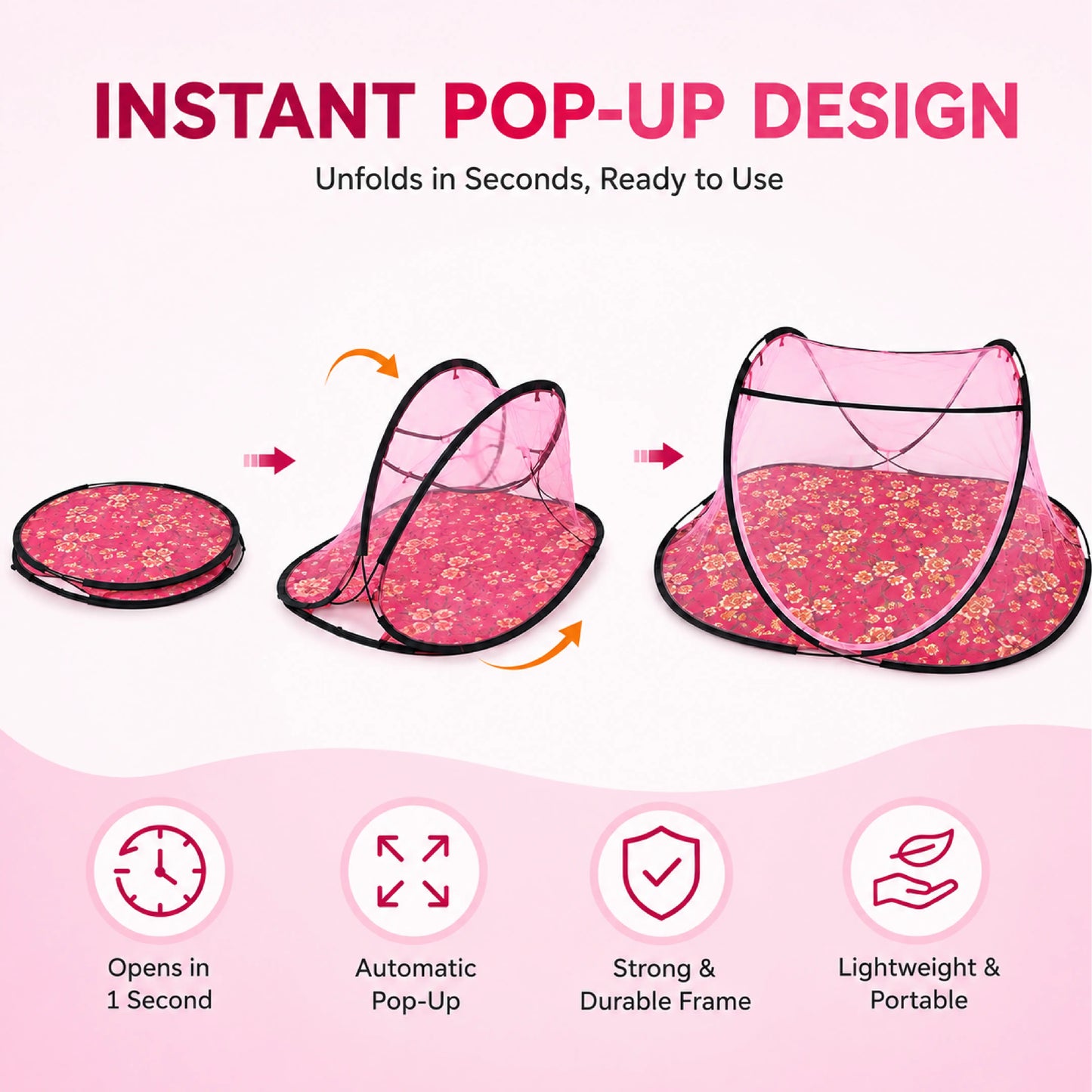 Foldable Single Bed Mosquito Net | Polyester 30GSM mesh - Light Pink