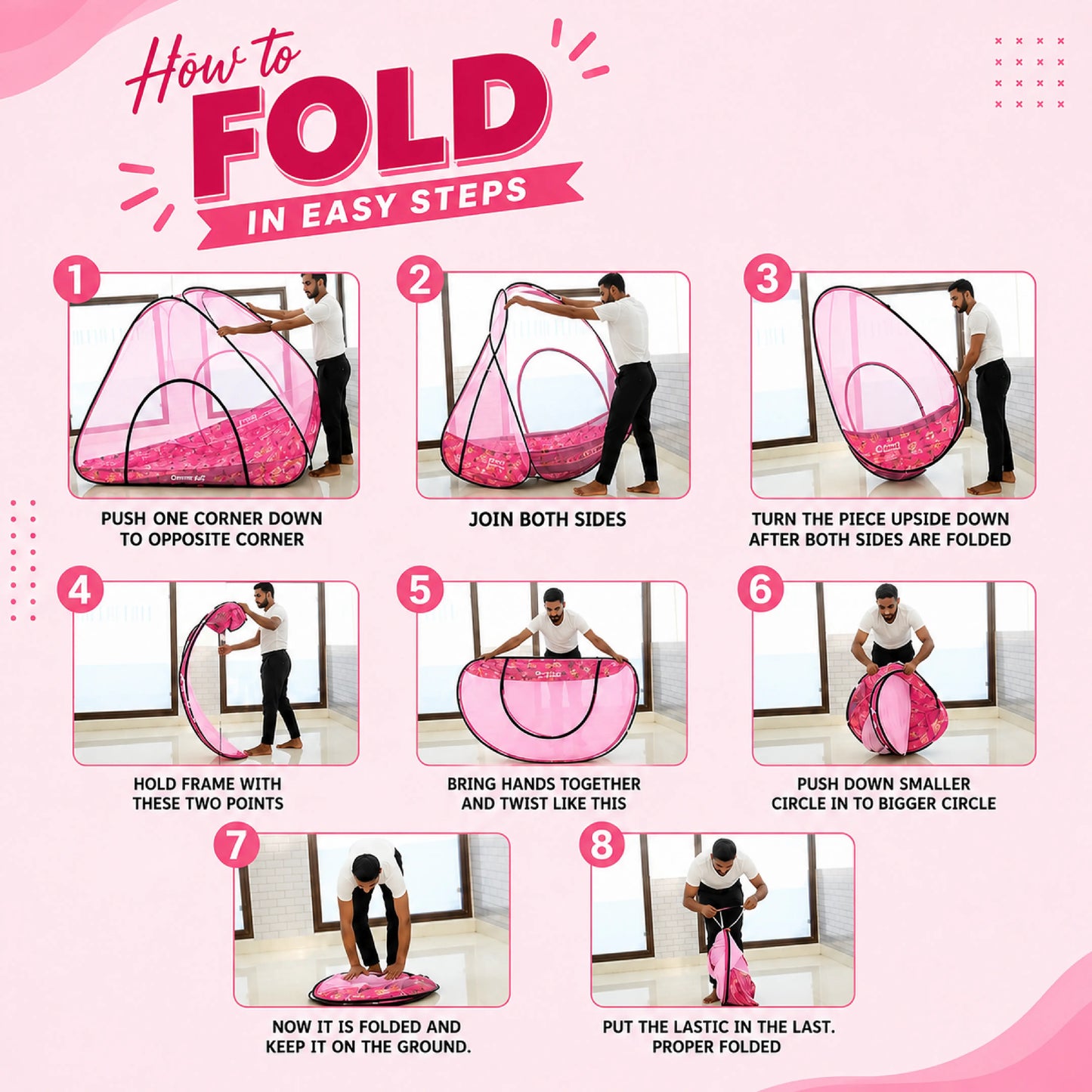 Foldable Single Bed Mosquito Net | Polyester 30GSM mesh - Light Pink